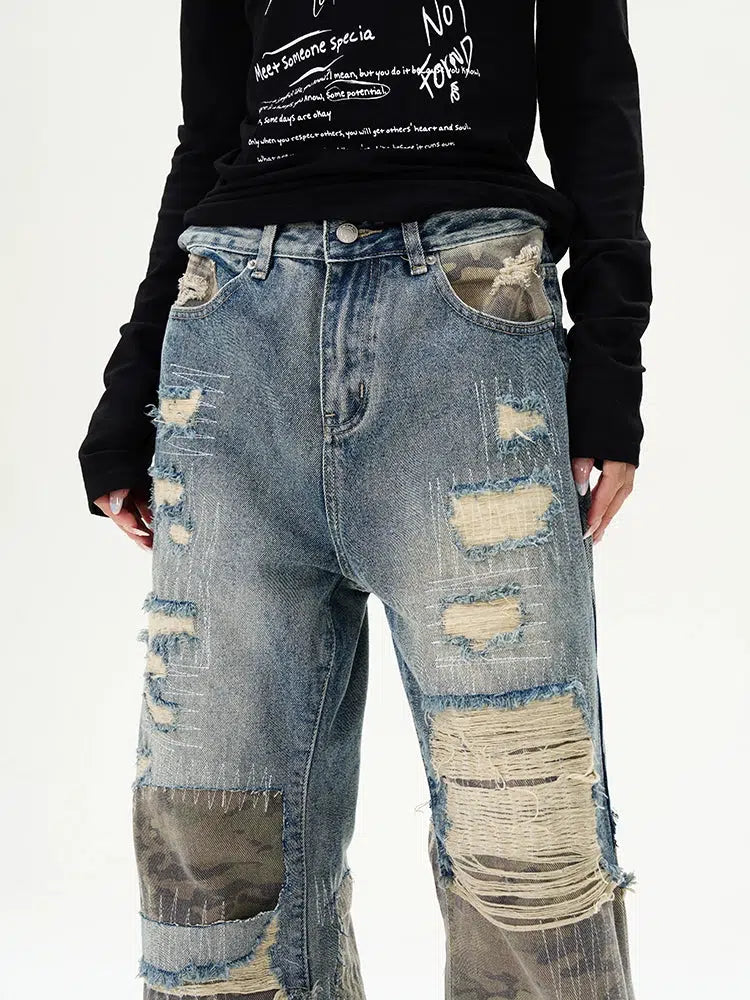 Patchwork Distressed Denim Pants