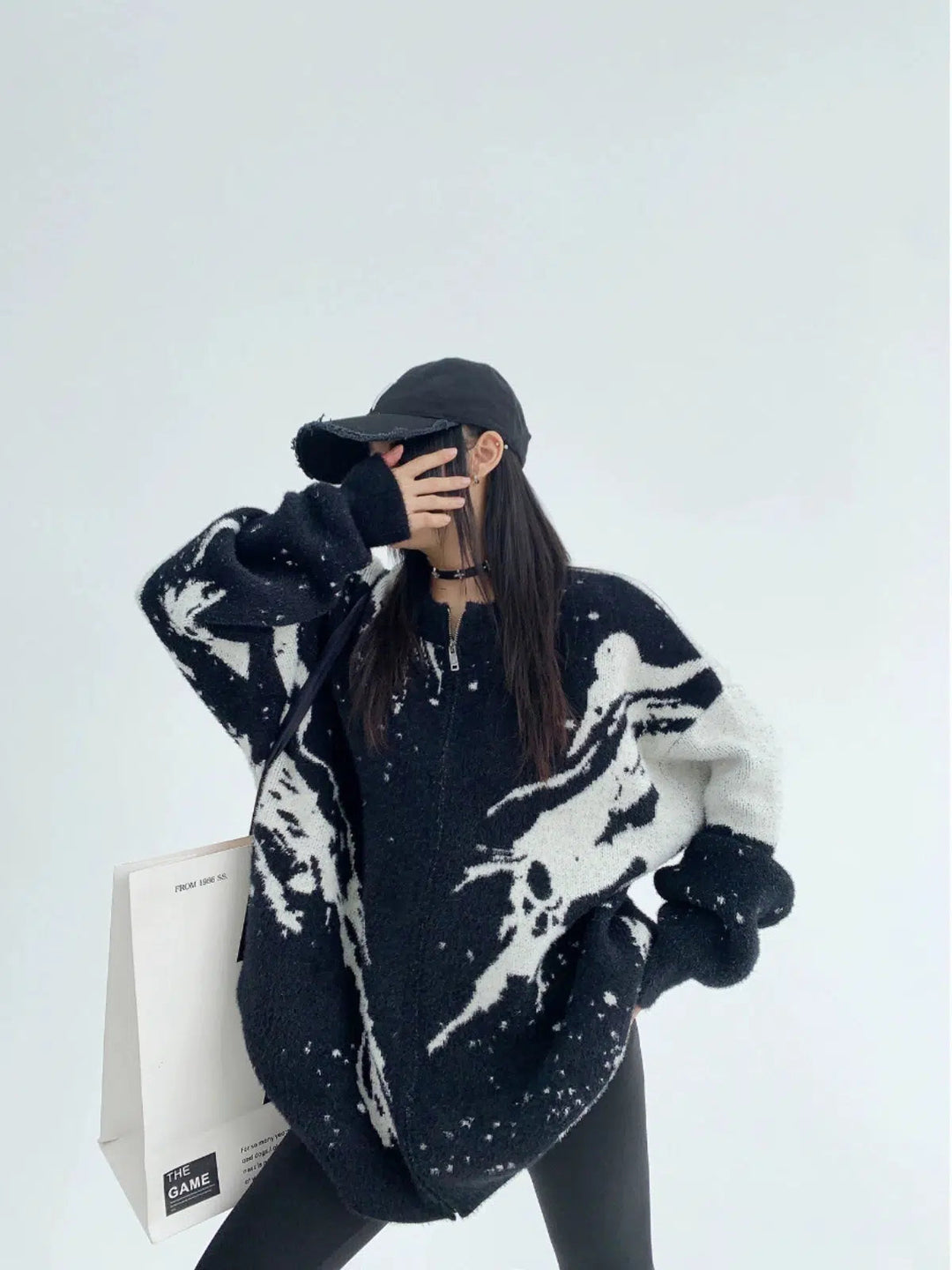 Patterned Oversized Zipper Sweatshirt