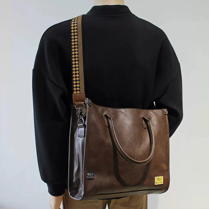 Patterned Strap Leather Messenger Tote