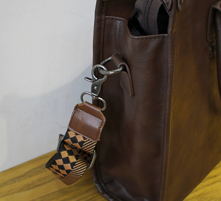 Patterned Strap Leather Messenger Tote