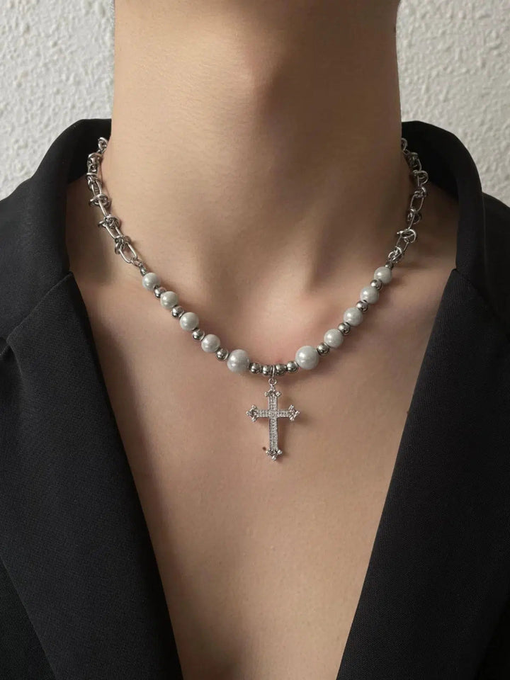 Pearl Bead Chain Cross Necklace