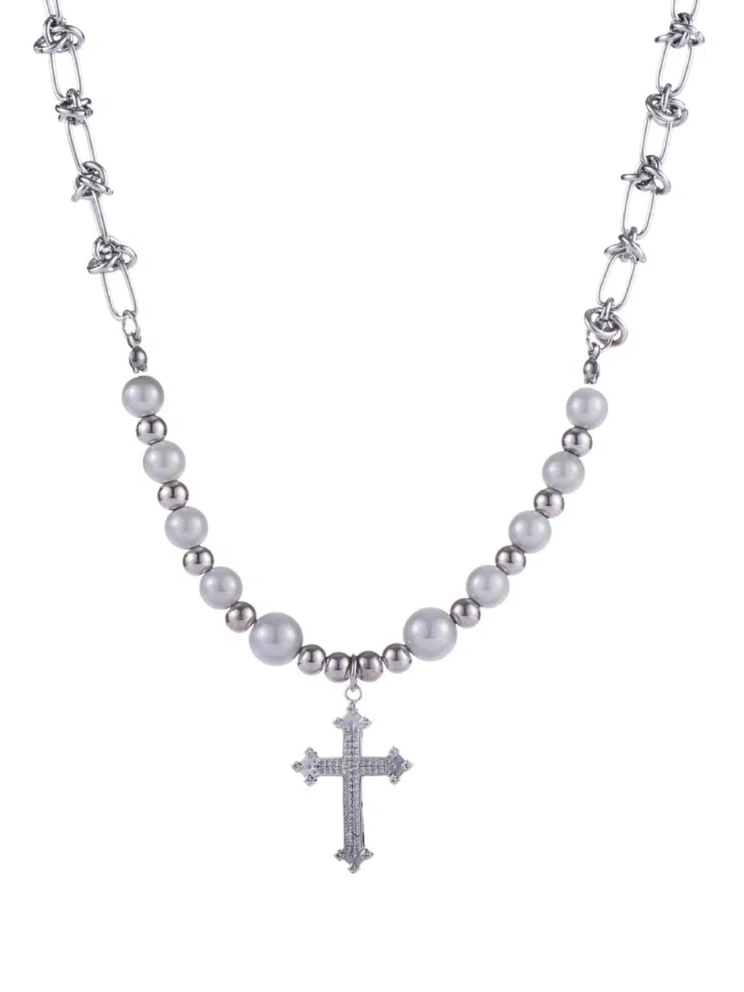 Pearl Bead Chain Cross Necklace