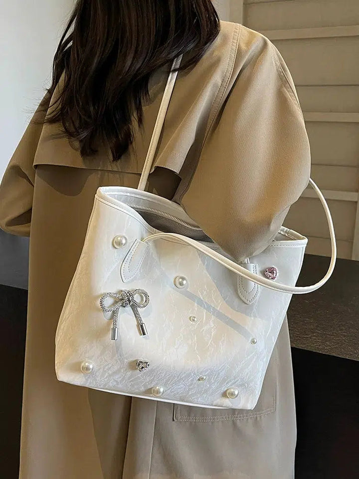 Pearl Bow Accents Tote Bag