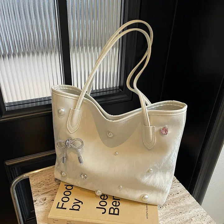 Pearl Bow Accents Tote Bag