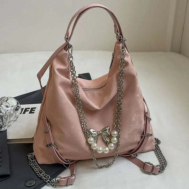 Pearl Chain Bow Decoration Tote Bag