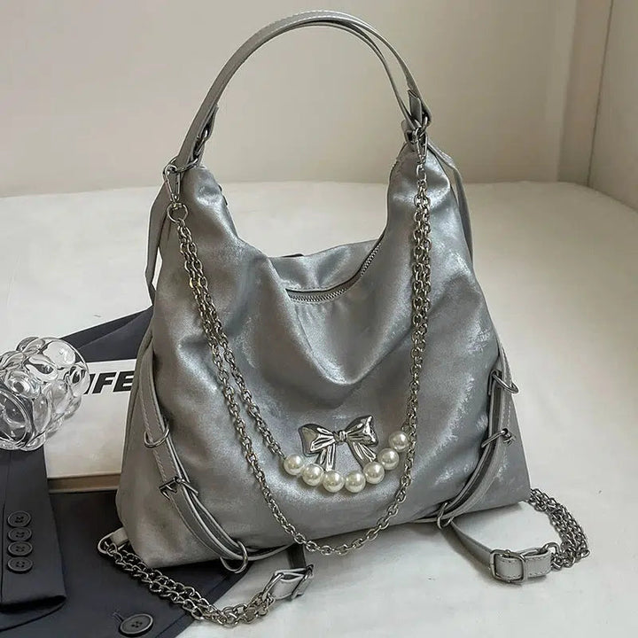 Pearl Chain Bow Decoration Tote Bag