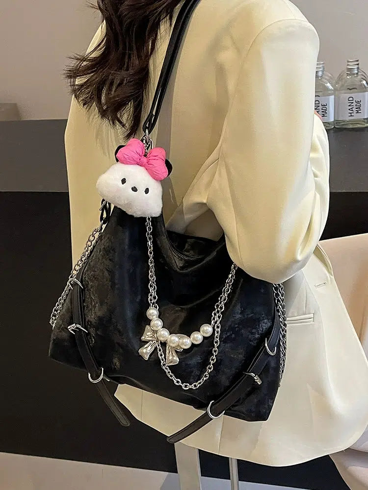 Pearl Chain Bow Decoration Tote Bag