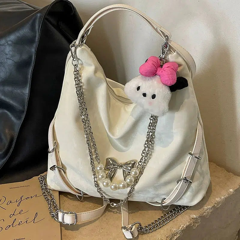 Pearl Chain Bow Decoration Tote Bag