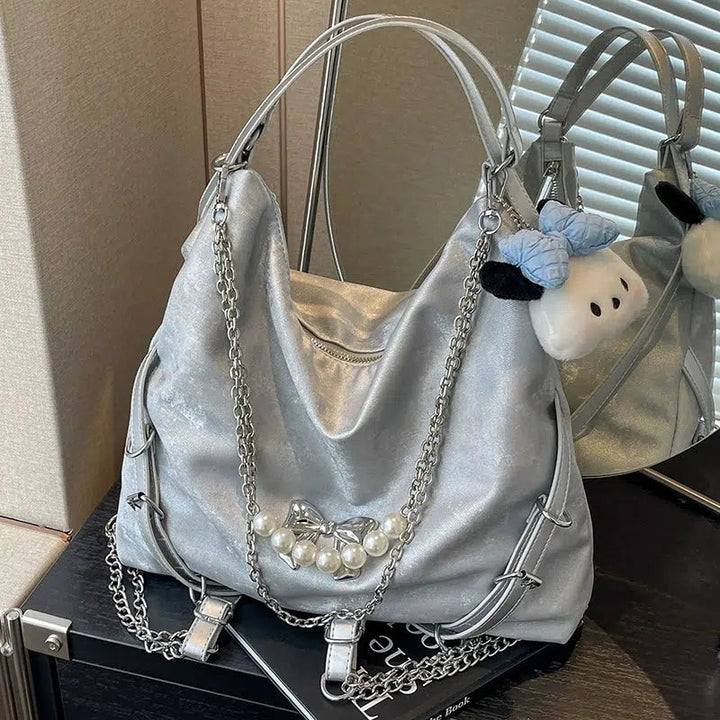 Pearl Chain Bow Decoration Tote Bag