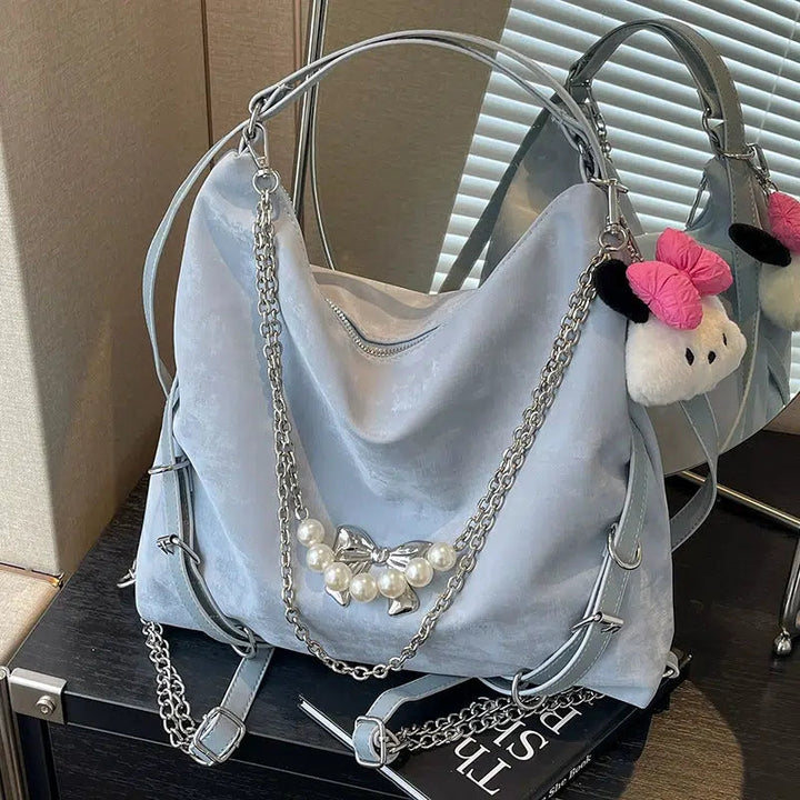 Pearl Chain Bow Decoration Tote Bag