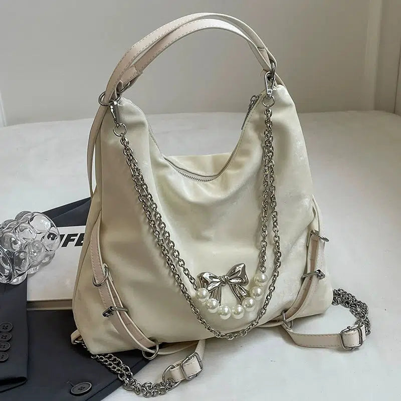 Pearl Chain Bow Decoration Tote Bag