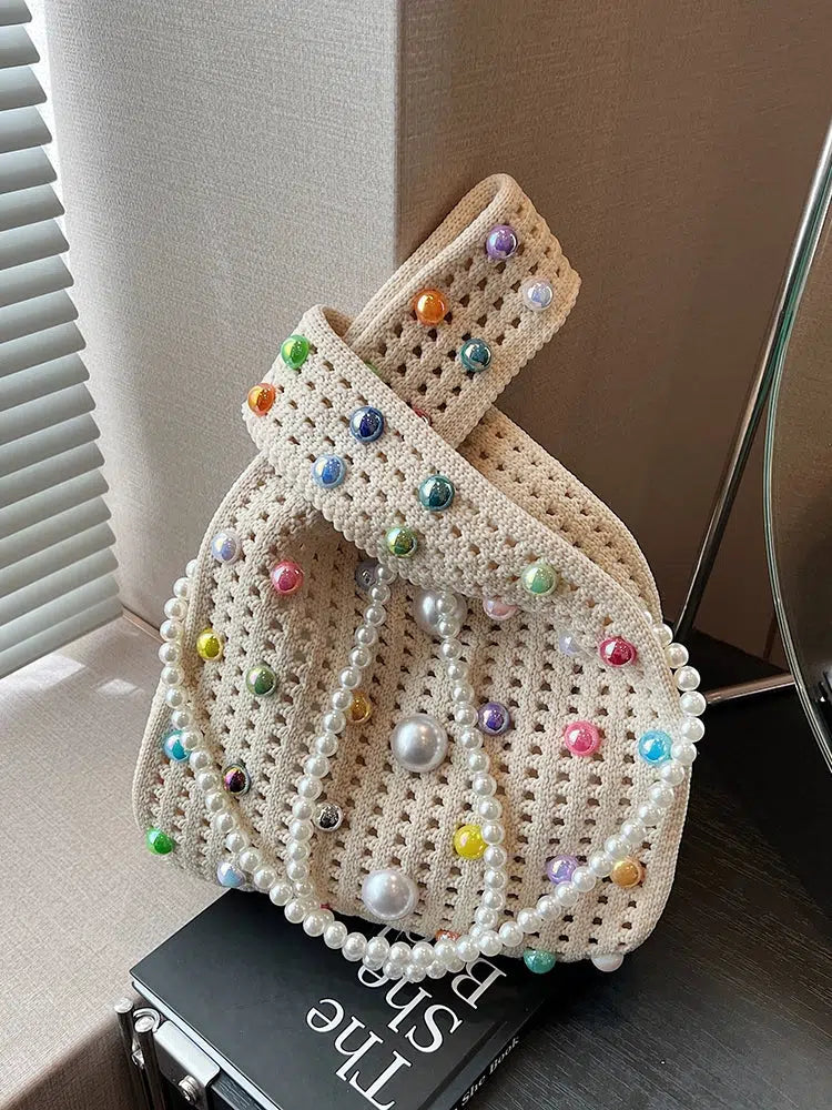 Pearl-Embellished Crochet Bucket Bag