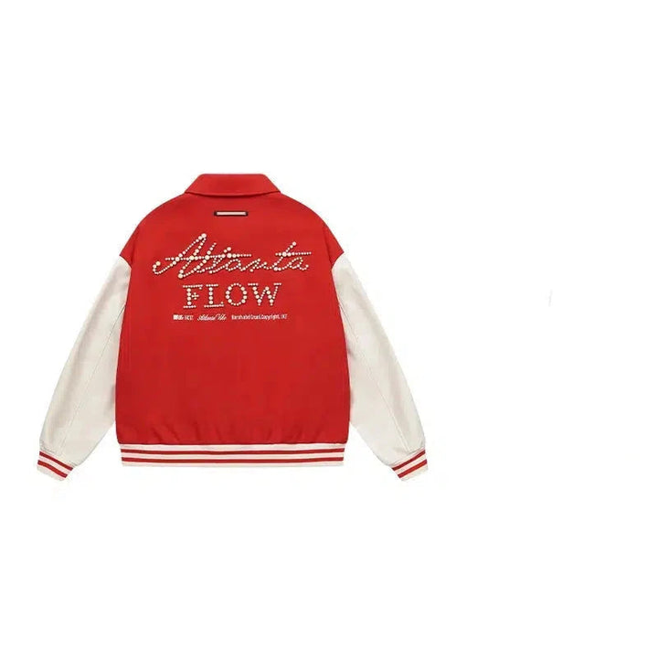 Pearl Embellished Embroidered Lapel Baseball Jacket