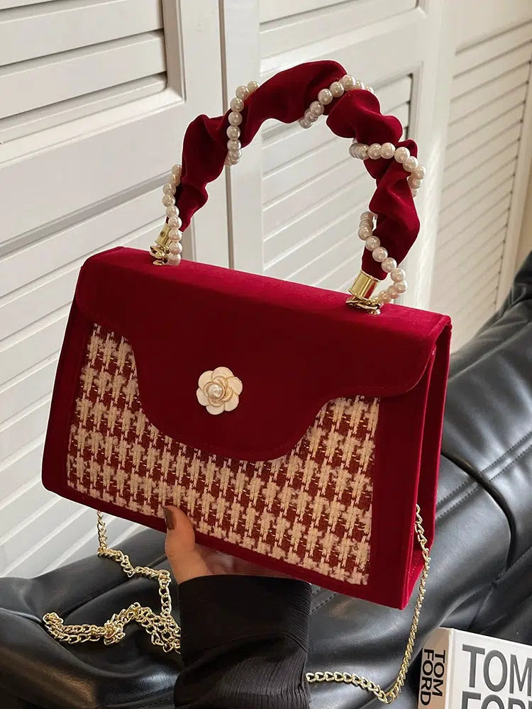 Pearl Handle Houndstooth Square Bag