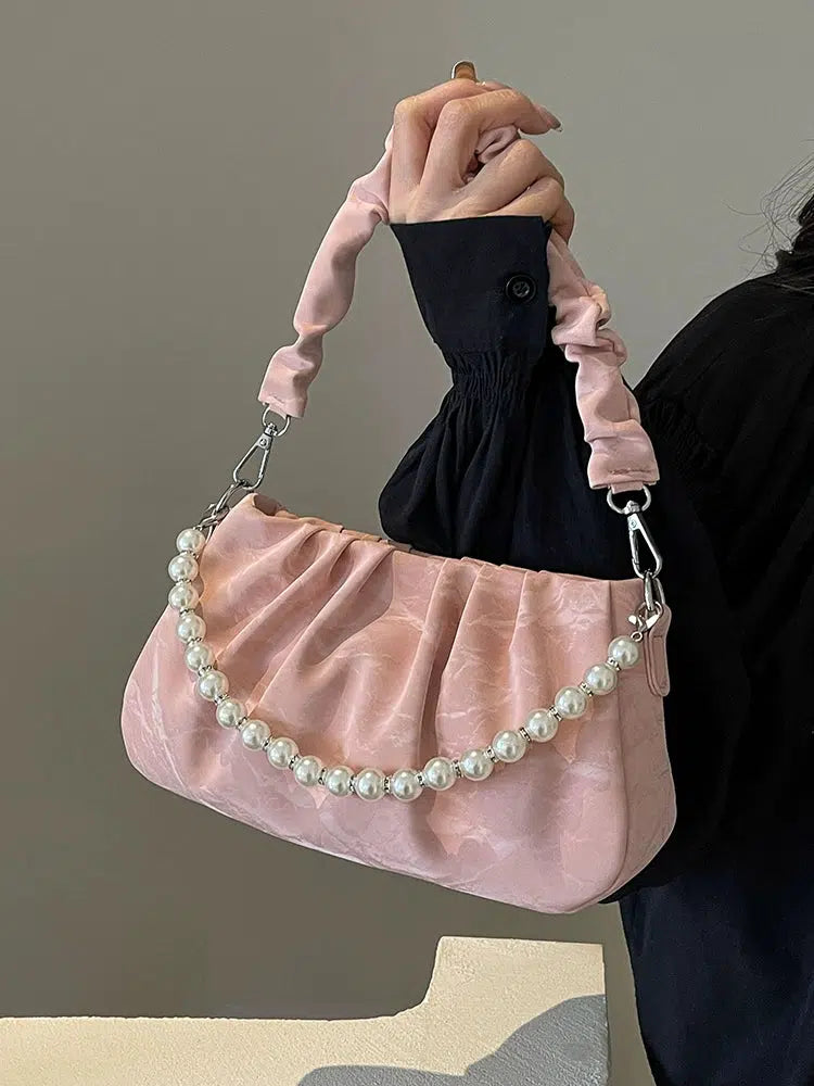 Pearl Strap Ruched Bag