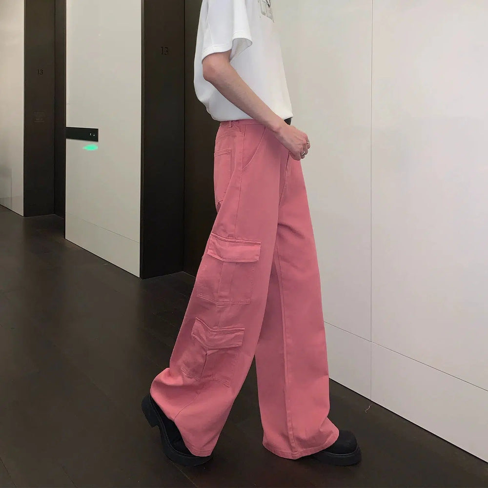 Pink Wide Leg Denim Cargo Pants