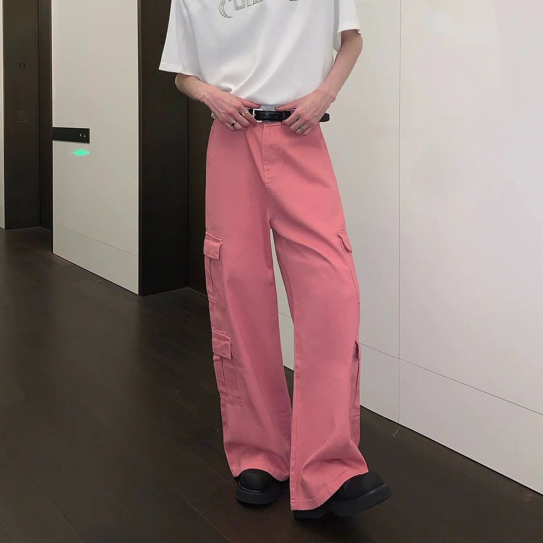 Pink Wide Leg Denim Cargo Pants