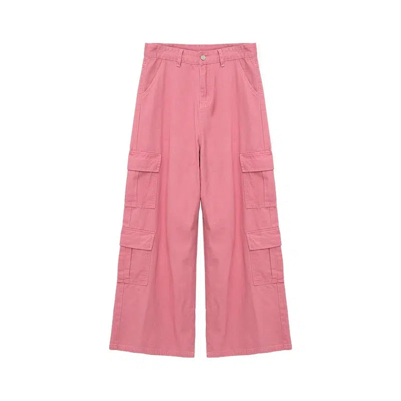 Pink Wide Leg Denim Cargo Pants