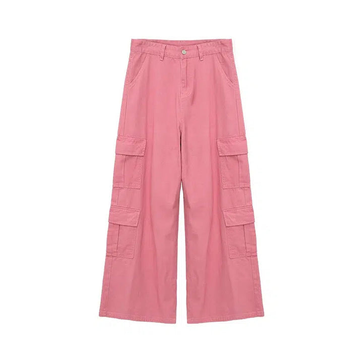 Pink Wide Leg Denim Cargo Pants