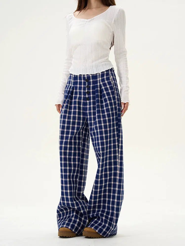 Plaid Button Wide-Leg Casual Pants