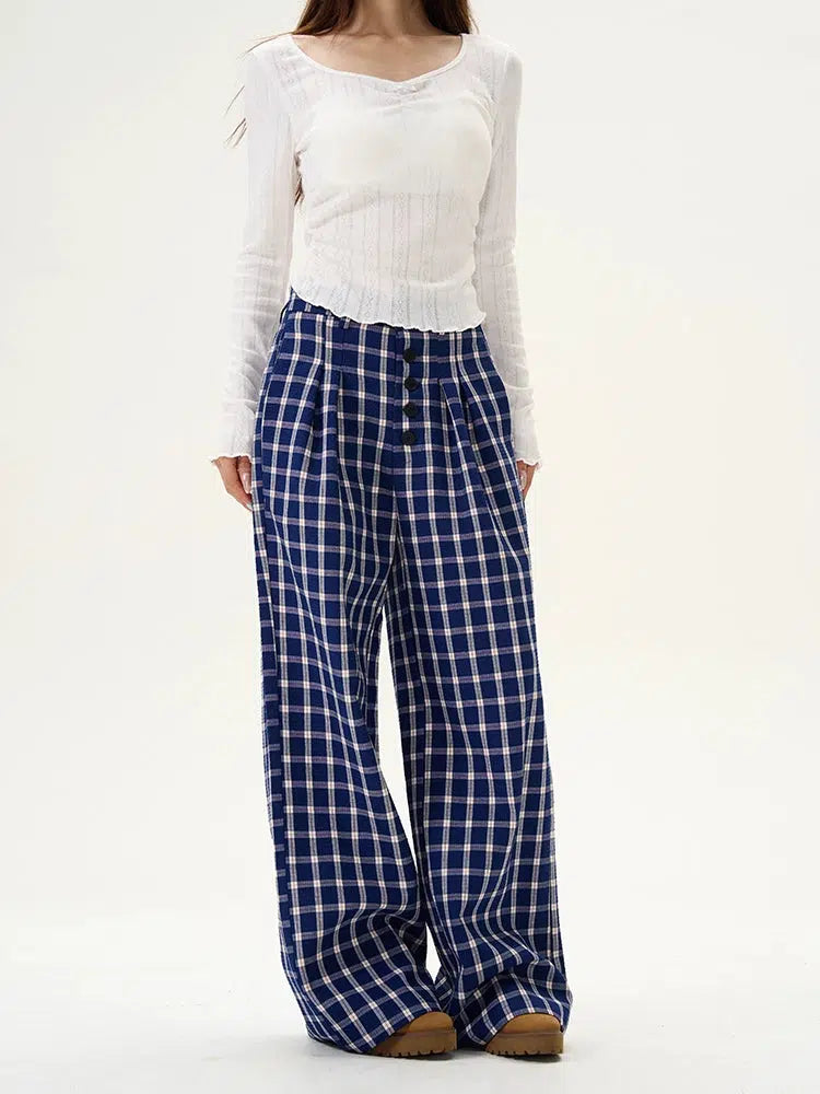 Plaid Button Wide-Leg Casual Pants