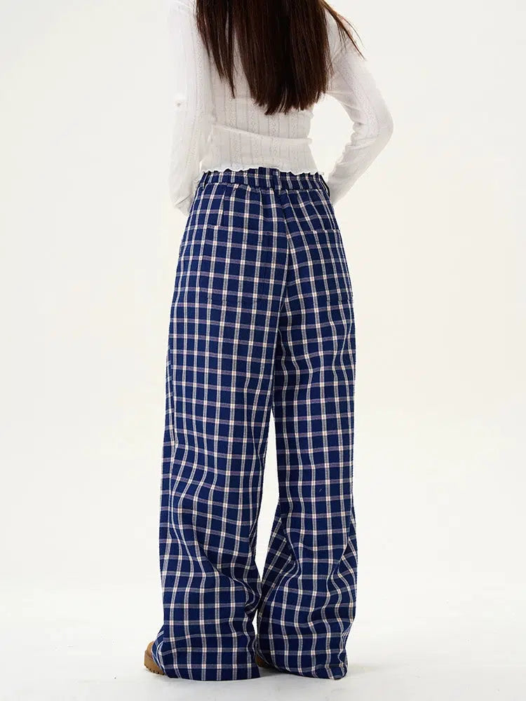 Plaid Button Wide-Leg Casual Pants