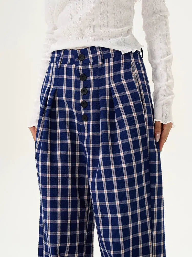 Plaid Button Wide-Leg Casual Pants