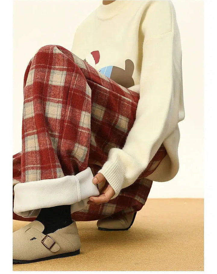 Warm Lining Plaid Casual Pants