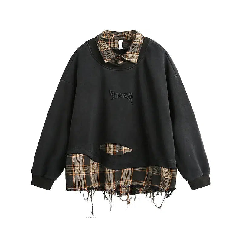 Plaid Patchwork Ripped Sweatshirt