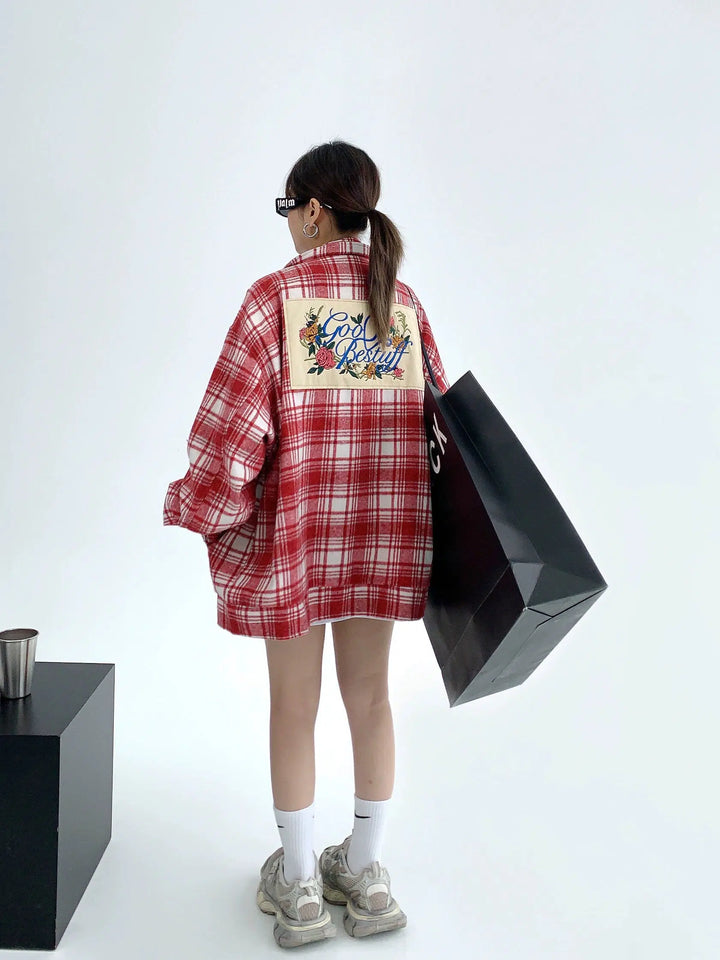 Embroidered Back Panel Plaid Pattern Coat