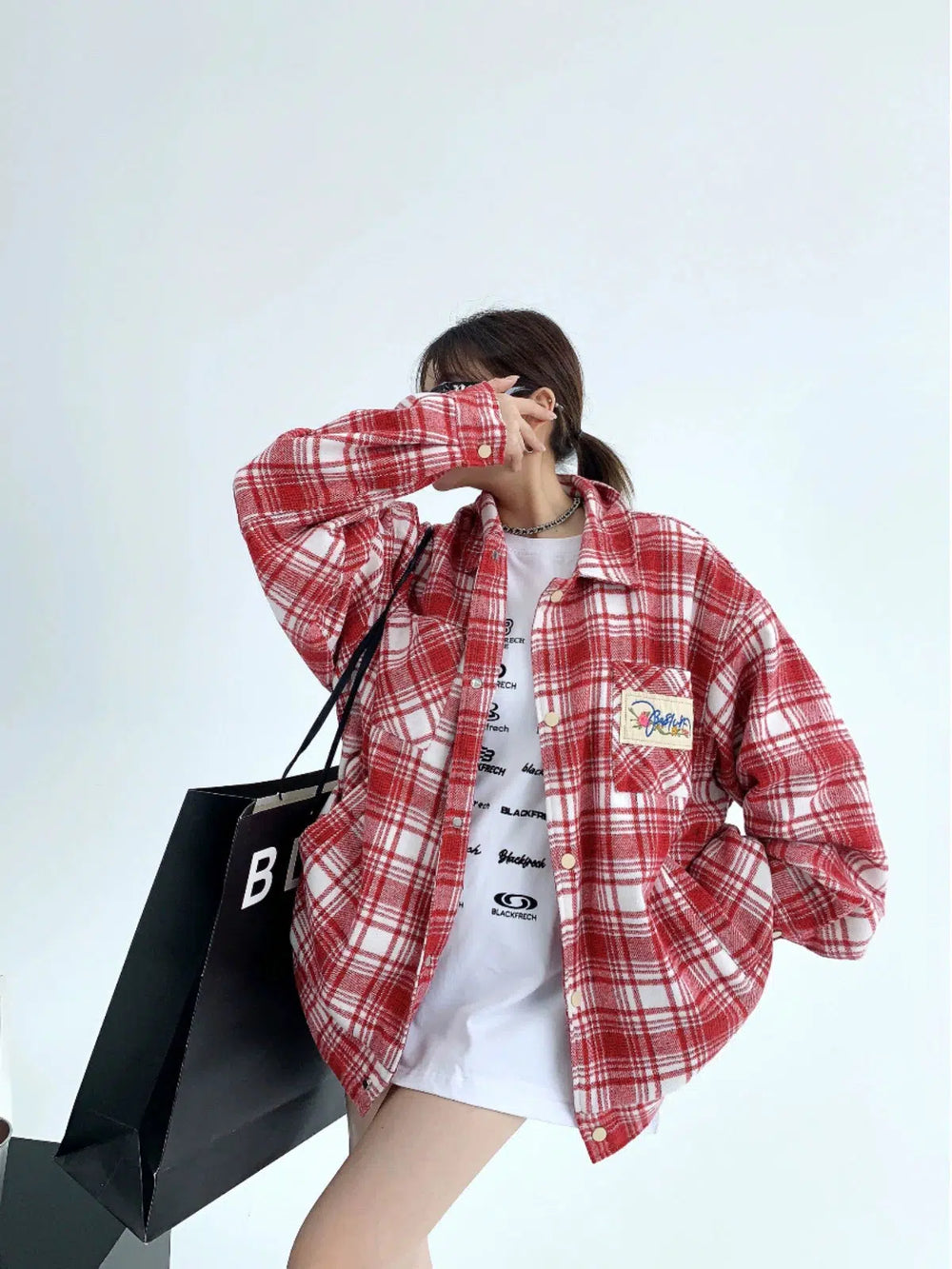 Embroidered Back Panel Plaid Pattern Coat