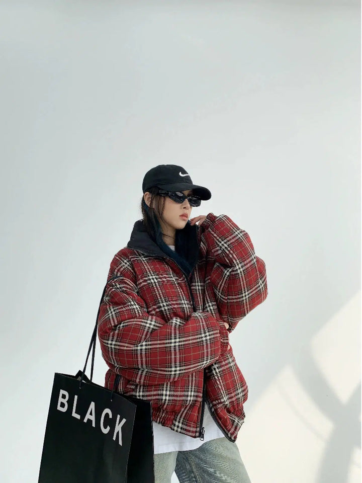 Plaid Zipper Reversible Puff Jacket