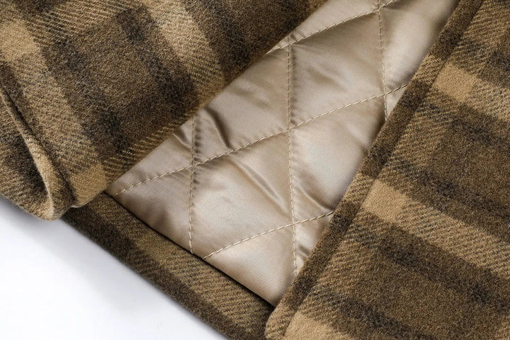 Toggle Closure Plaid Wool Duffle Coat