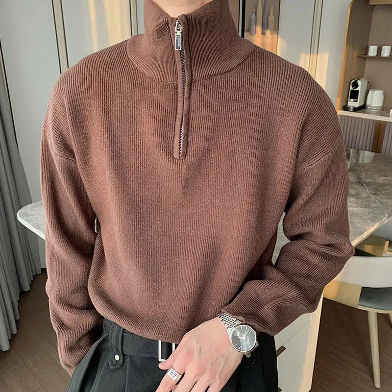 Pleated Half-zip Turtleneck Sweater