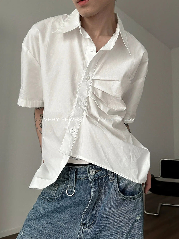 Pleated Short Sleeve Button-Up Cardigan Shirt