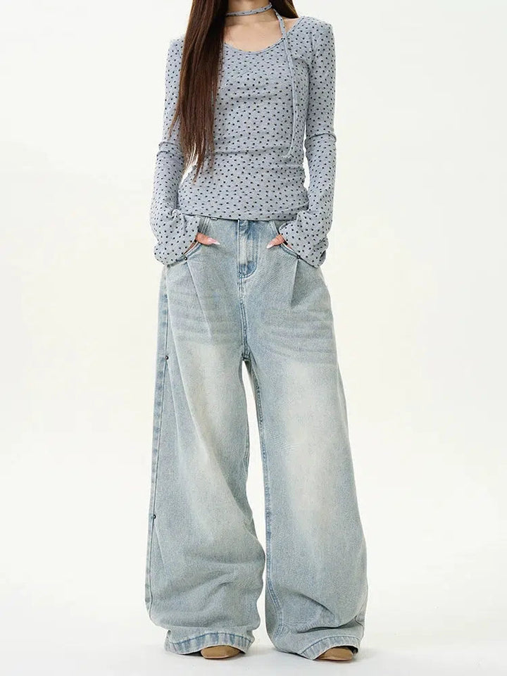 Pleated Wide-Leg Denim Pants