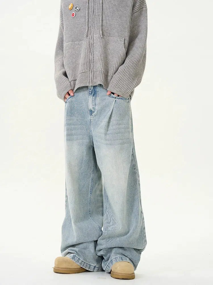 Pleated Wide-Leg Denim Pants