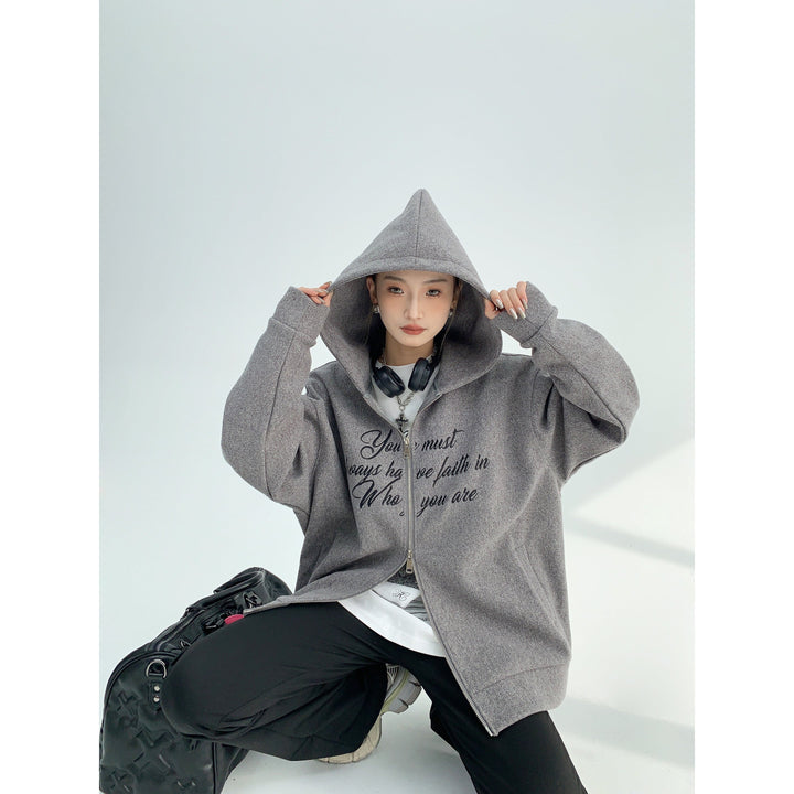 Printed Text Hooded Zip-Up Coat