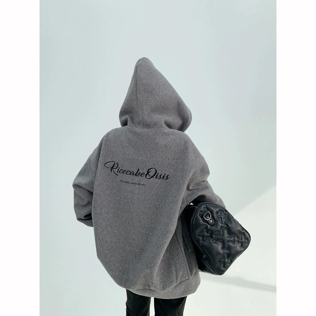 Printed Text Hooded Zip-Up Coat