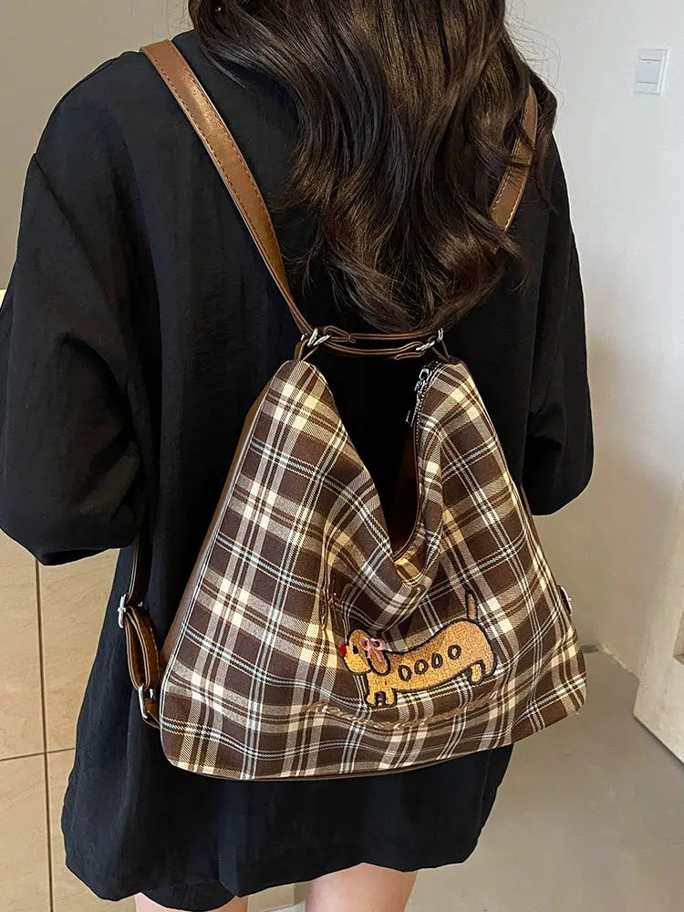 Puppy Embroidered Plaid Shoulder Bag