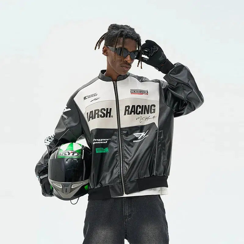 Racing-Themed Motorcycle PU Leather Jacket