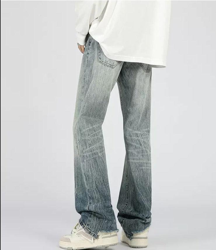 Raw Edge Straight-leg Jeans with Elastic Waist