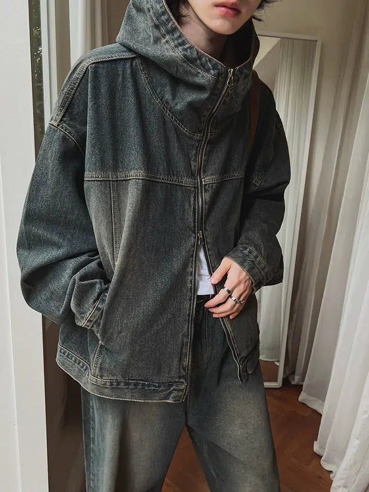 Retro Loose Hooded Distressed Denim Suit