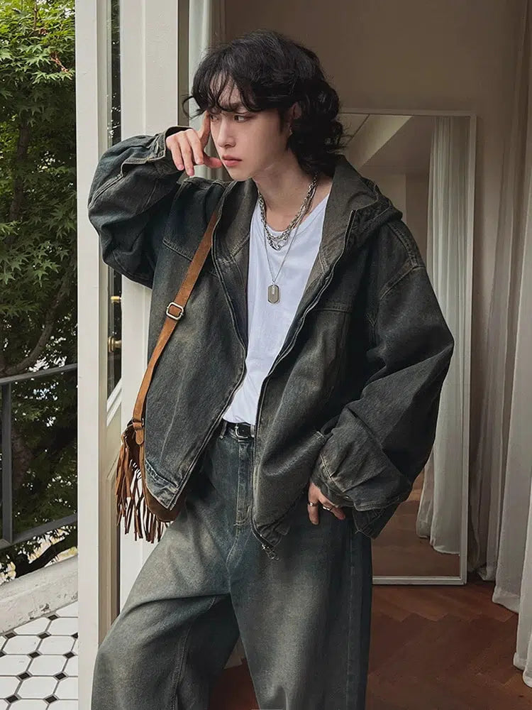 Retro Loose Hooded Distressed Denim Suit