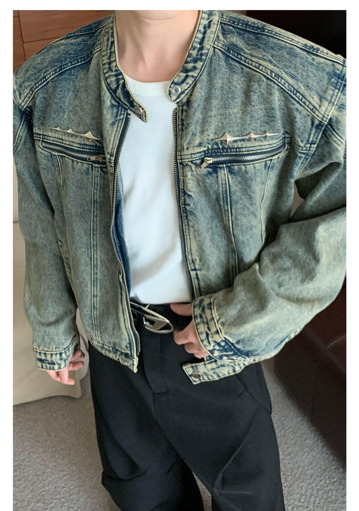 Retro Washed Metal Design Cropped Denim Jacket