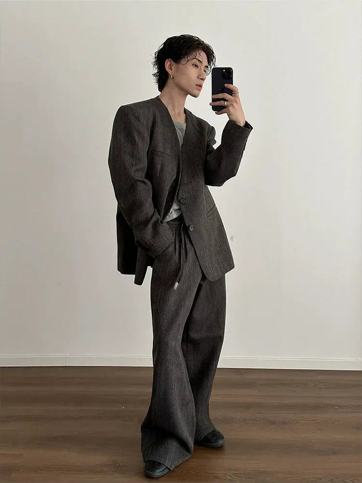 Retro Woven Suit Blazer Wide-Leg Pants Set