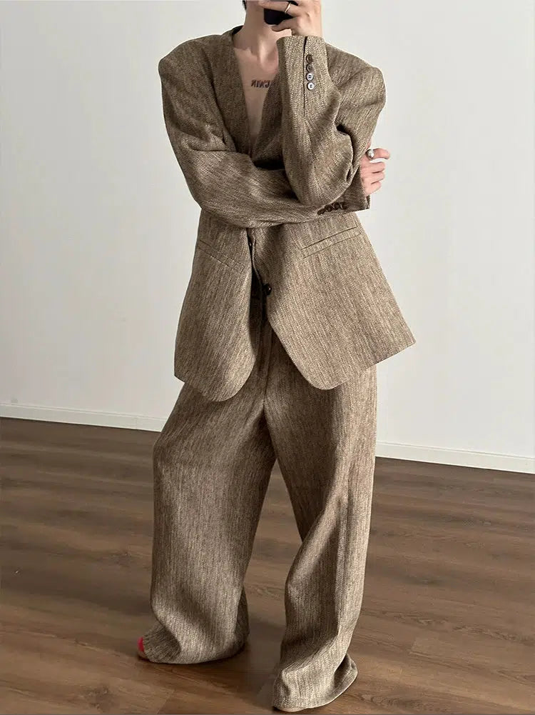 Retro Woven Suit Blazer Wide-Leg Pants Set