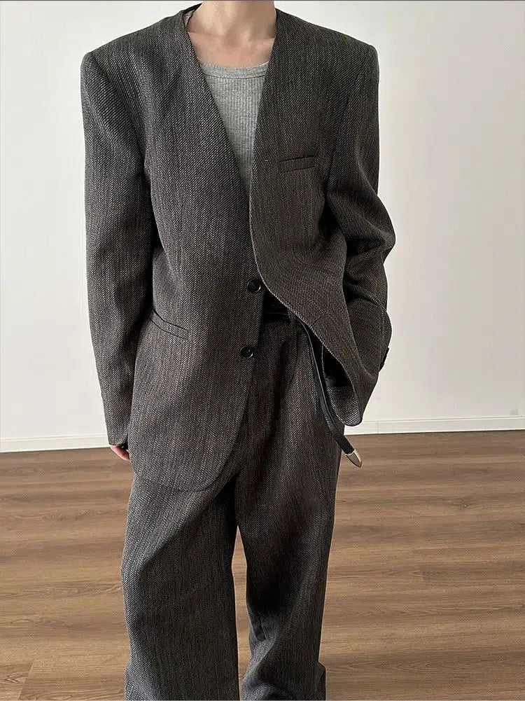 Retro Woven Suit Blazer Wide-Leg Pants Set