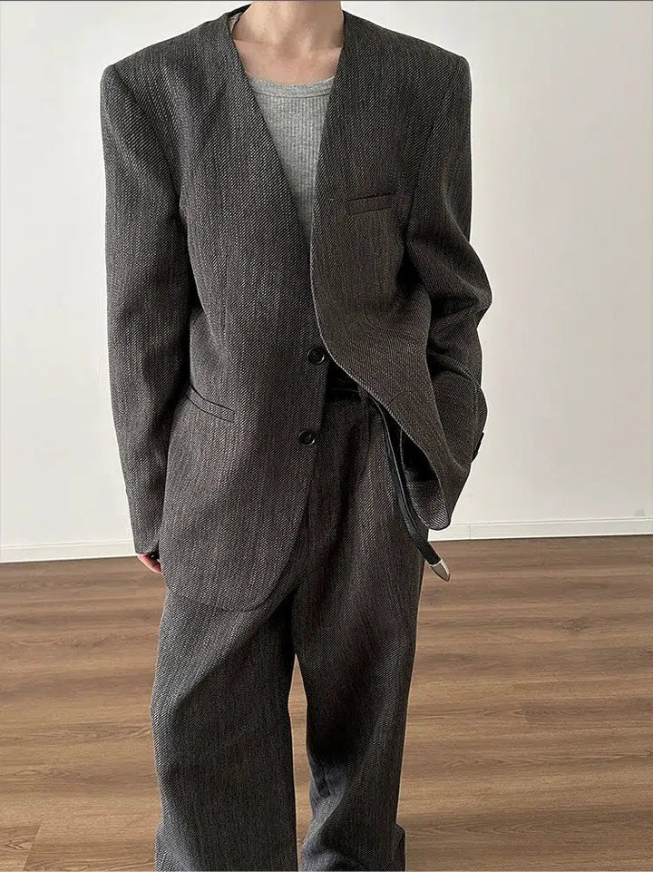 Retro Woven Suit Blazer Wide-Leg Pants Set