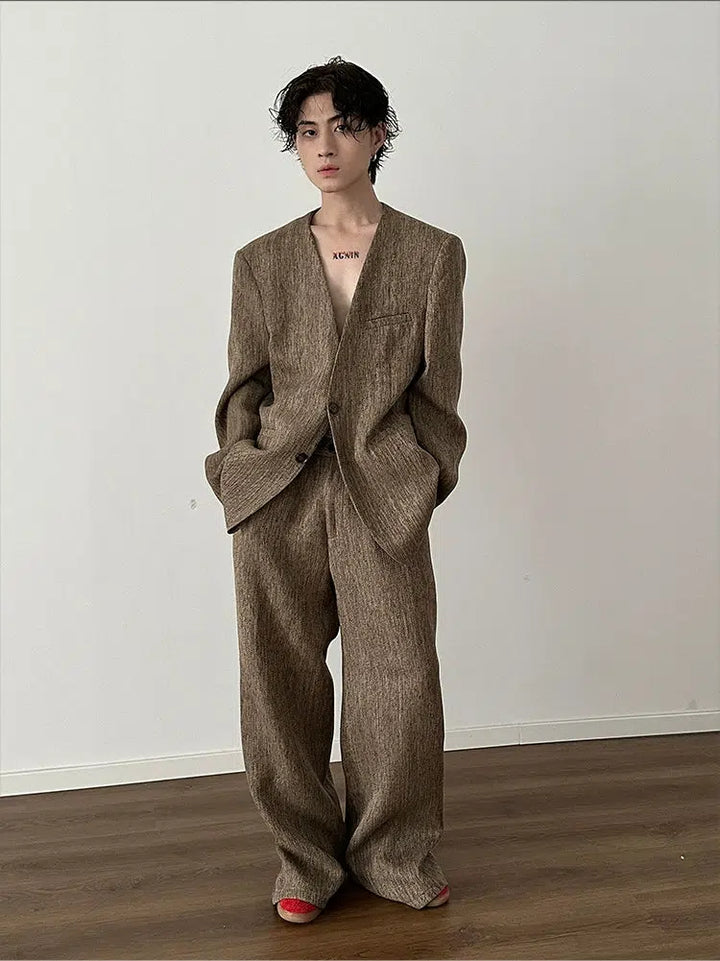 Retro Woven Suit Blazer Wide-Leg Pants Set